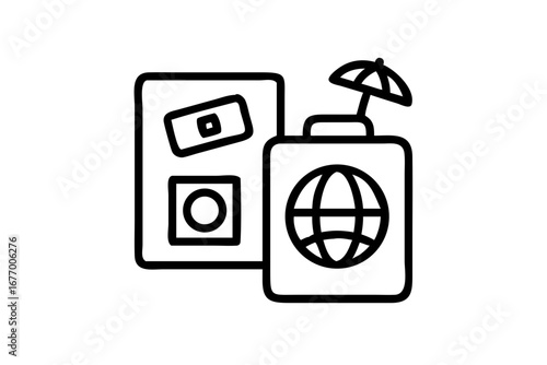 Vector art of travel essentials including passport, luggage, and camera