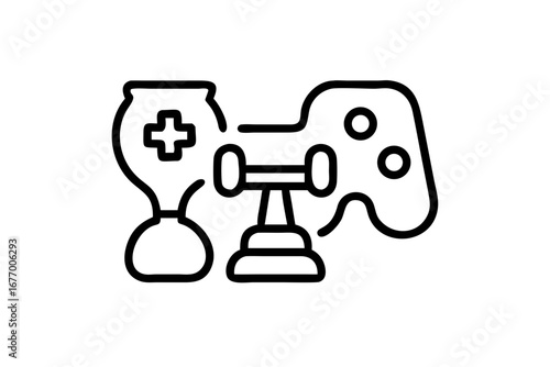 Vector art of trophy, game controller and dumbbell