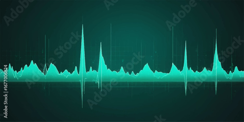 Blue abstract medical cardiogram showing a green heartbeat pulse line on a healthcare technology monitor