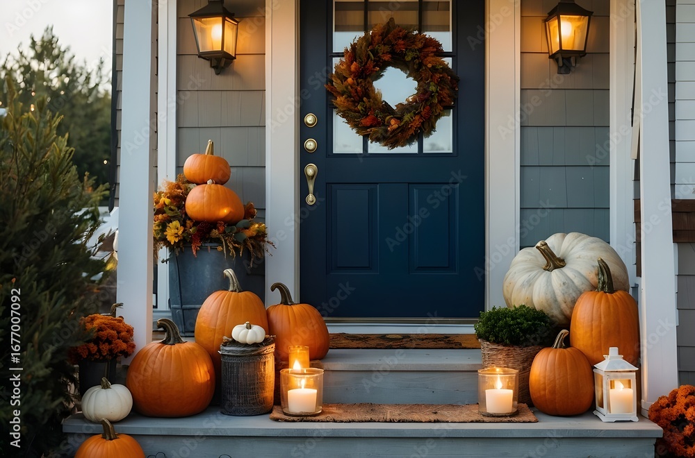 Obraz premium Cozy Autumn Farmhouse Porch with Pumpkins, Lantern, and Wreath at Golden Hour