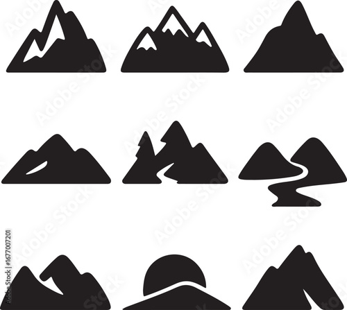 Mountain Silhouette Icons Vector Set Nature Landscape Graphic