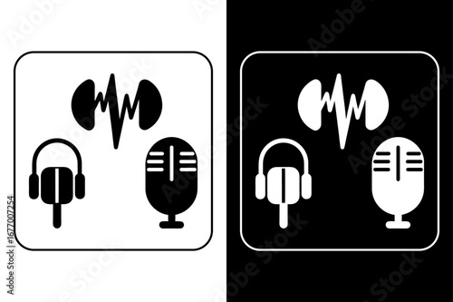 Minimalist Podcast Symbols – Mic, Audio Wave, Headphones Vector.