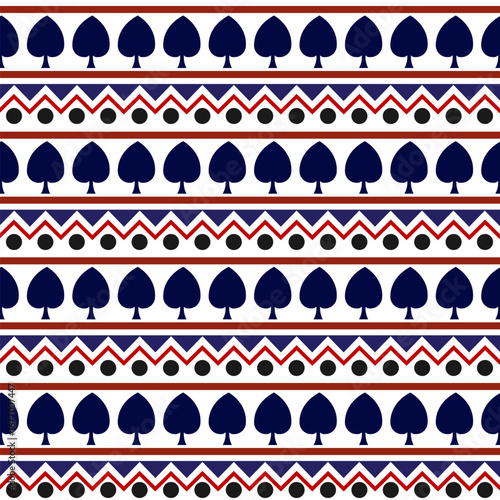 This is a seamless pattern with a repeating design featuring geometric shapes and stylized figures in rows. The color palette includes dark blue, burnt orange, yellow, and white.