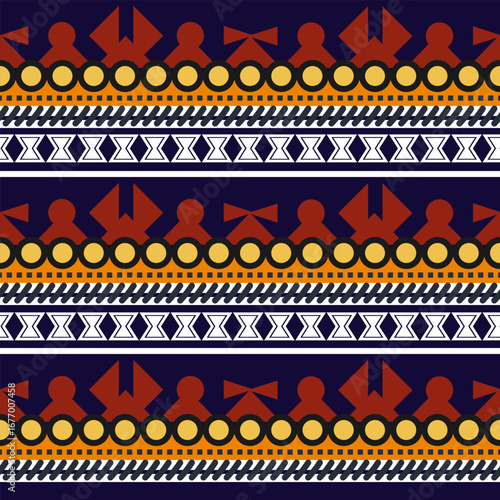 This is a seamless pattern with a repeating design featuring geometric shapes and stylized figures in rows. The color palette includes dark blue, burnt orange, yellow, and white.