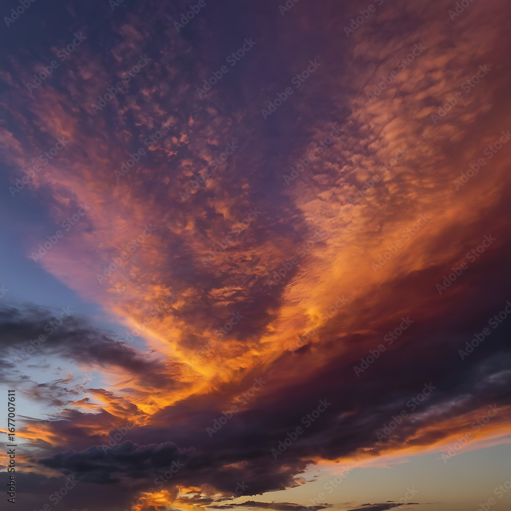 Fototapeta premium A vibrant and fiery orange and purple sunset sky.