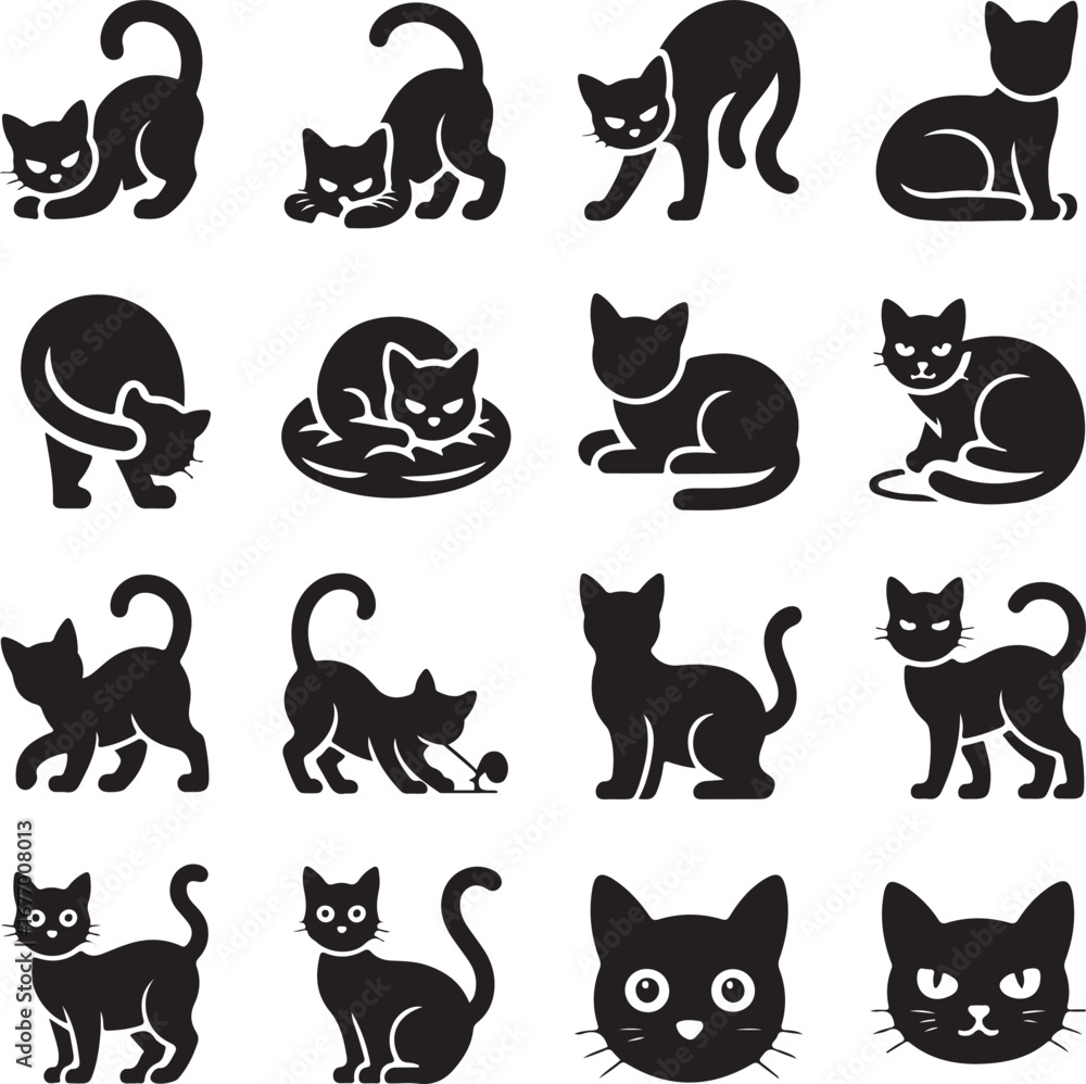 Obraz premium Set of black cat silhouette icons