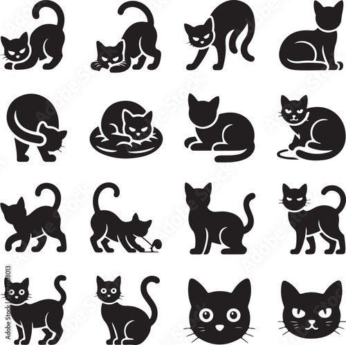 Set of black cat silhouette icons