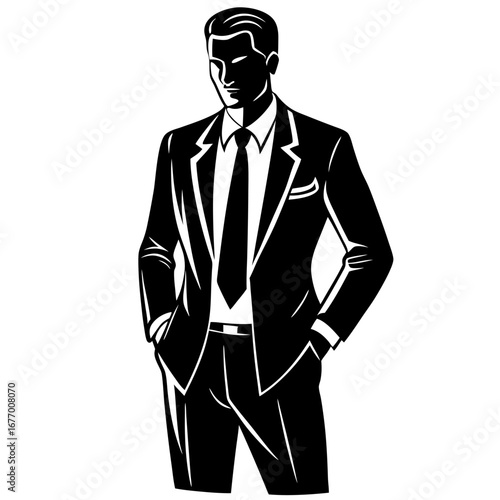 Stylized black and white illustration of a confident man in a suit with hands in pockets, exuding a classic and formal demeanor.