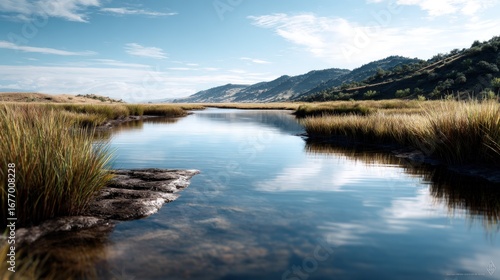 A tranquil river winds through a grassy meadow, reflecting the serene sky and hills beyond.