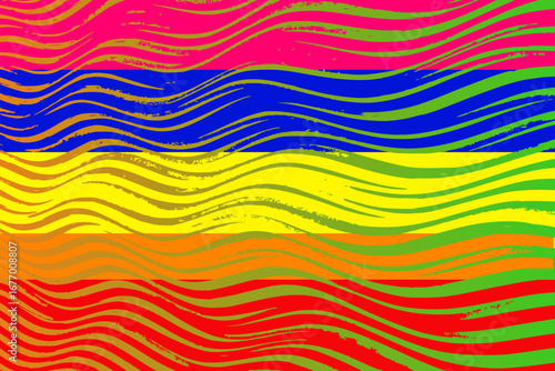 Abstract artwork featuring horizontal bands of vivid colors: pink, blue, yellow, orange, and green