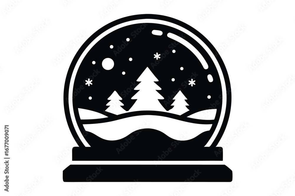 Fototapeta premium Black and White Snow Globe with Three Trees and Falling Snow Inside