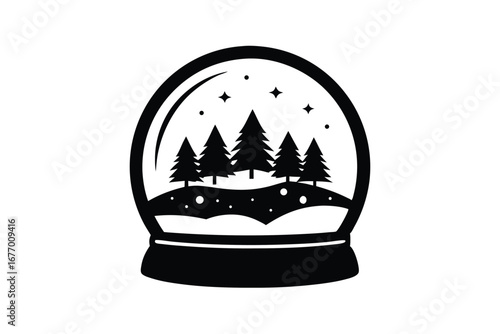 Black Silhouette of a Snow Globe with Pine Trees, Stars, and Snowflakes
