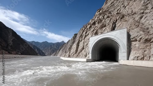 Rapid Water Flows Through Tunnel and Mountains