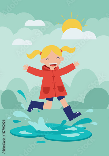 Joyful Girl Splashing in Puddles Under a Sunny Sky on a Cheerful Day