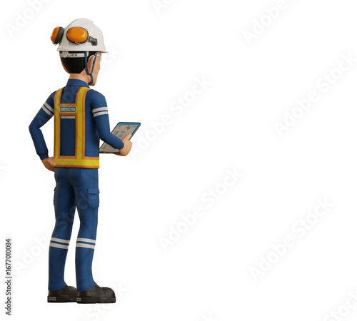 An industrial worker  is operating tablet on transparent background