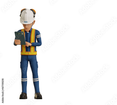 An industrial worker  is operating tablet on transparent background