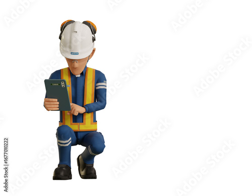 An industrial worker  is operating tablet on transparent background