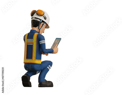 An industrial worker  is operating tablet on transparent background