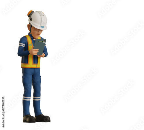 An industrial worker  is operating tablet on transparent background