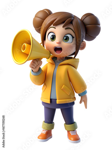 Cute Cartoon Girl Character Holding Megaphone on Transparent Background
