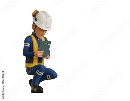 An industrial worker  is operating tablet on transparent background