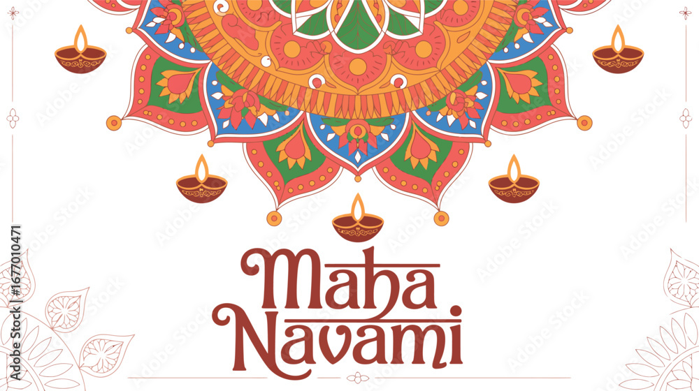 Naklejka premium maha navami mandala design with oil lamps, floral motifs and vibrant colors celebrating hindu festival of durga puja with spiritual warmth