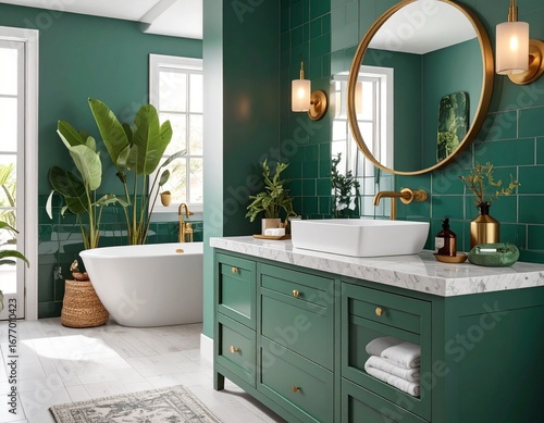 Boutique style bathroom with emerald green tiles, brass fixtures, custom vanity with stone countertop, artisan accessories, indoor plants