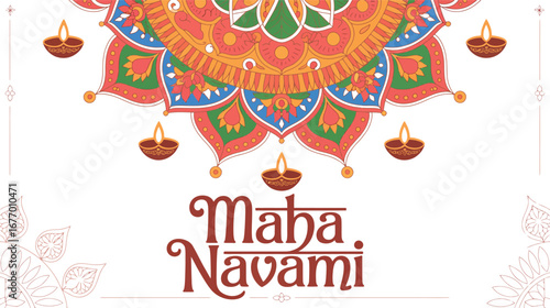 maha navami mandala design with oil lamps, floral motifs and vibrant colors celebrating hindu festival of durga puja with spiritual warmth