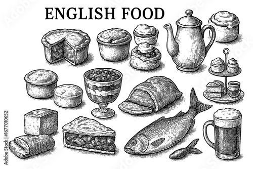 Bild auf Leinwand Traditional English food set with fish and chips, tea, pie, pudding and ale in v
