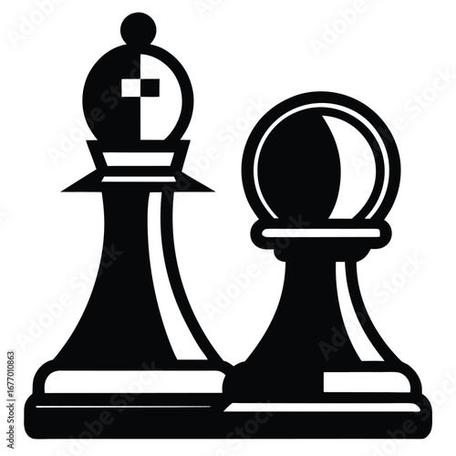 Black and White Graphic Depiction of Bishop and Pawn Chess Pieces Illustration