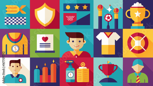 Collection of flat design icons representing sports and achievements