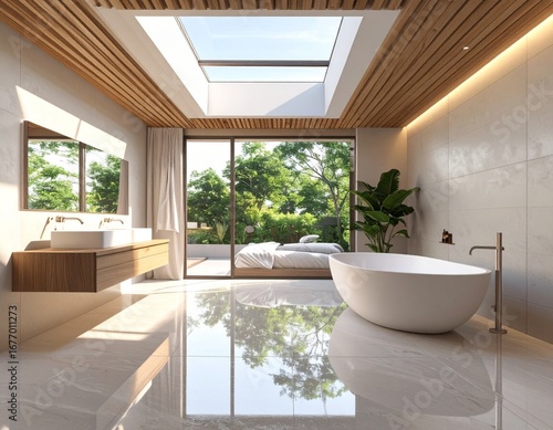 Contemporary open-plan bathroom connected to a master bedroom, large glass stretched above the bathtub, with wood slat ceiling