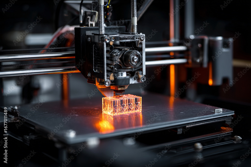 Fototapeta premium Close-up of a 3D printer producing a glowing object, ideal for tech, innovation, or engineering visuals.