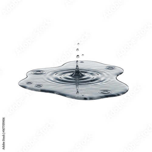 Water droplet impact creating ripples on a puddle surface.