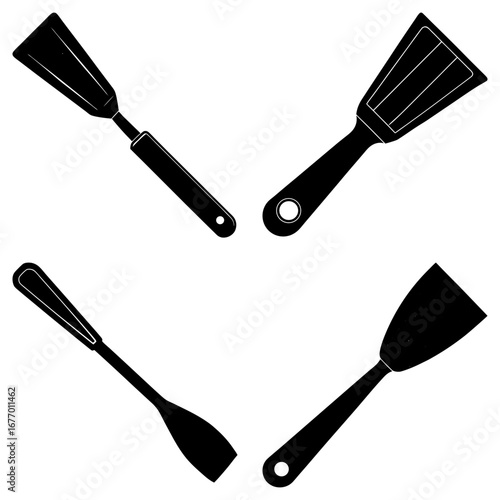 Four black and white spatula illustrations arranged on a white background in a simple graphic style