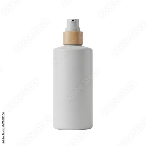 White cosmetic spray bottle with wooden cap isolated on a white background.