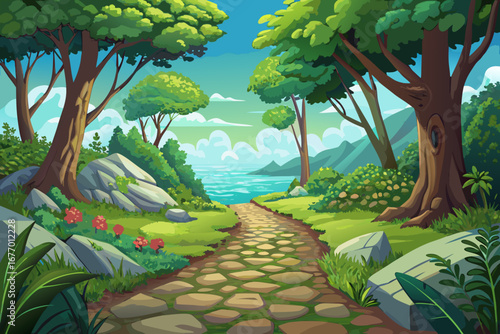 vector of In the green heart of nature, the cobblestones take me to the peaceful embrace of the sea.