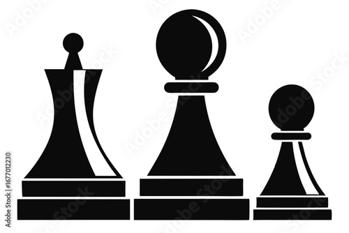 Chess Pieces Black Queen, Bishop, and Pawn Depicted in Simple Silhouette Style