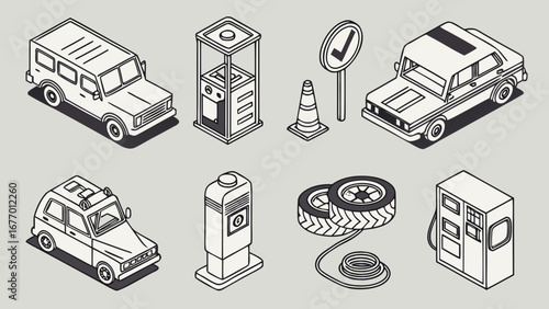 Isometric cartoon car service station elements with vehicles and tires
