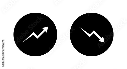 Upward and downward arrow icon in black circle. Growth and decline chart symbol. Rising and falling trend concept