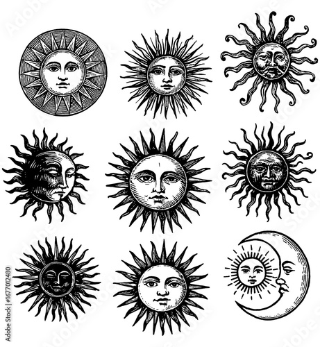 Collection of vintage sun faces with rays in mystical engraving style, Transparent Background