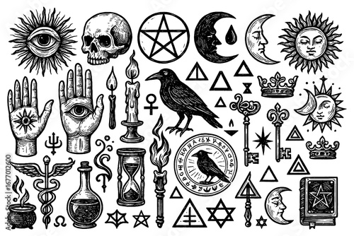 Occult mystic symbols with skulls, raven, all seeing eye, alchemy and witchcraft elements in vintage engraving style, Transparent Background