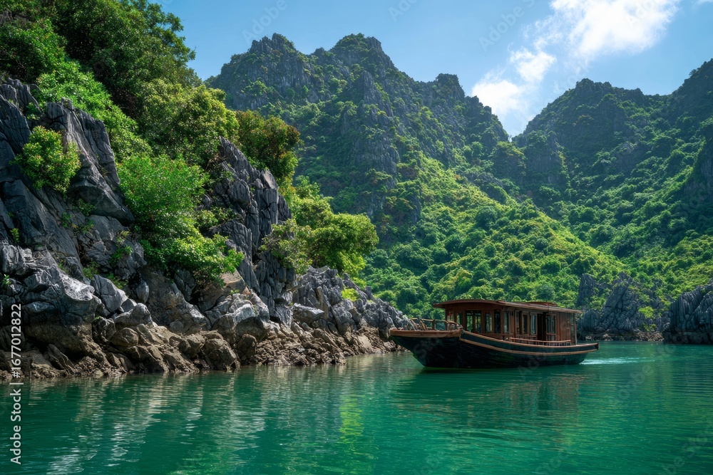 Fototapeta premium Scenic Boat Navigating Green Water in Mountainous Landscape with Rocky Cliffs and Dense Vegetation