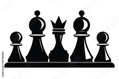 Stylized Black Silhouette of Chess Pieces Pawns, Bishops, and Queen Together