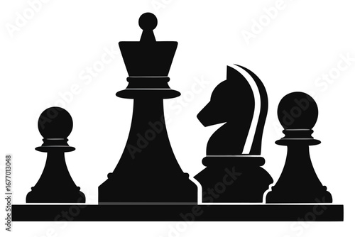 Black Silhouette Chess Pieces Pawns, King, and Knight Graphic Illustration on a Board