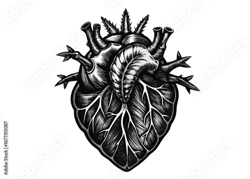 Stylized anatomical heart with thorns and veins