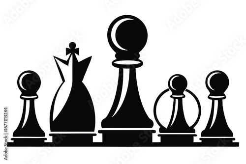 Chess Pieces Black Pawns, Queen, and Bishop Standing in a Row, Abstract Style