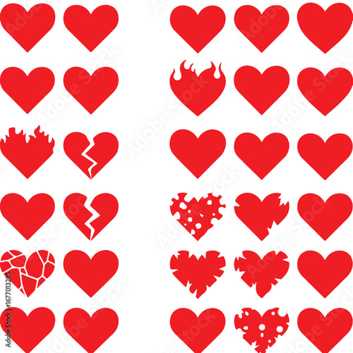 Vibrant red stylized heart shapes, each displaying diverse patterns, are neatly arranged in rows on a stark white background, creating a graphic illustration of affection and passion.