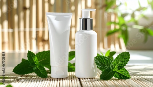 White cosmetic tubes and pump bottle nestled amongst fresh mint leaves on a bamboo surface.