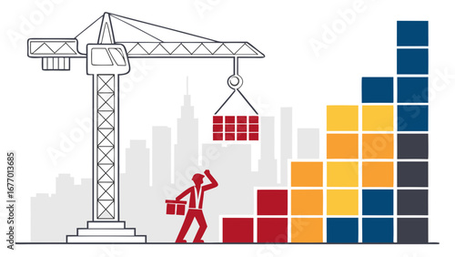 Construction worker building a colorful bar graph with a crane
